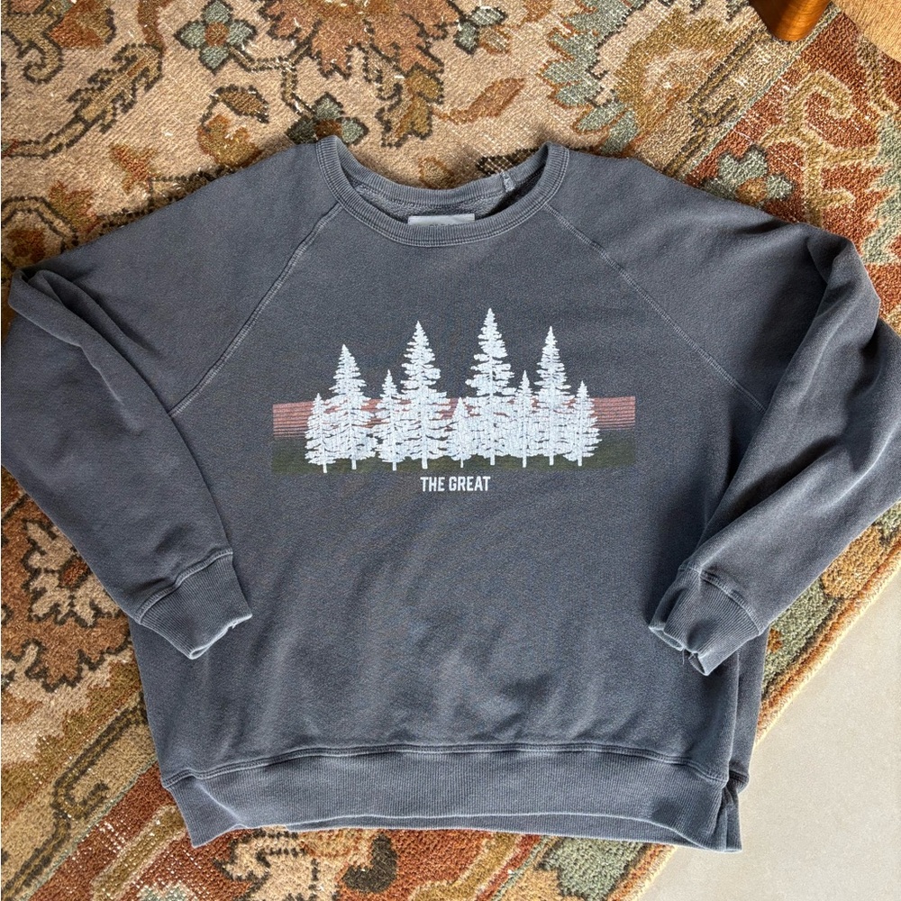 THE GREAT. College Washed Grey Sweatshirt With Ever Green Trees.